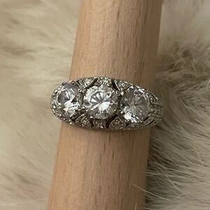 Art Deco Elegant Silver Triple Stone Ring vintage cocktail dinner statement ring